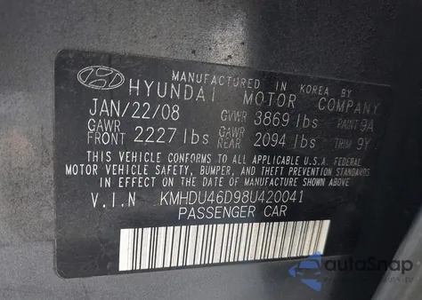 2008 Hyundai Elantra Gls/Se z USA, uszkodzony, nr VIN KMHDU46D98U420041